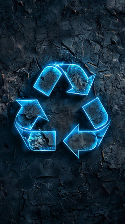 Bright blue neon recycling symbol glows on dark cracked background, highlighting the importance of sustainability and environmental awareness in modern society todayの素材
