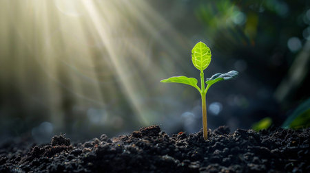 New sprout emerging from rich soil under soft sunlight in a serene outdoor environmentの素材