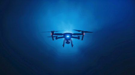 Drone flying in blue light with illuminated rotors, showcasing advanced technology and aerial capabilitiesの素材