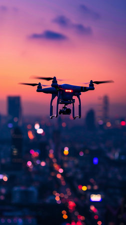 Drone soaring above a vibrant city skyline at sunset capturing colorful lights and urban lifeの素材