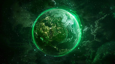 Vivid green representation of Earth surrounded by stars and cosmic elements in a stunning cosmic scene in the universe at nightの素材