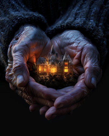 Elderly hands cradle a small, illuminated house against a dark background, symbolizing nostalgia and warmthの素材