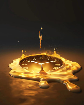 Golden clock submerged in molten liquid with splashes captured in dramatic lightingの素材
