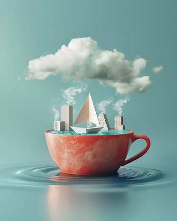 Creative concept of a coffee cup with a miniature city and a pyramid, surrounded by clouds and steam, blending imagination and reality in a surreal sceneの素材