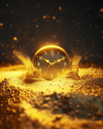 Timepiece surrounded by swirling golden particles showcases the fluidity and beauty of time in an abstract representationの素材