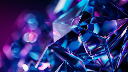 Vibrant reflections in a cluster of intricately cut crystals showcasing brilliant hues of blue and purple light in a mesmerizing displayの素材