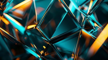Abstract geometric shapes with vibrant turquoise and orange lighting reflecting off faceted surfaces in a dark settingの素材