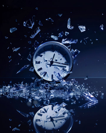 Clock shatters into fragments, capturing a moment of surprise in a dark settingの素材
