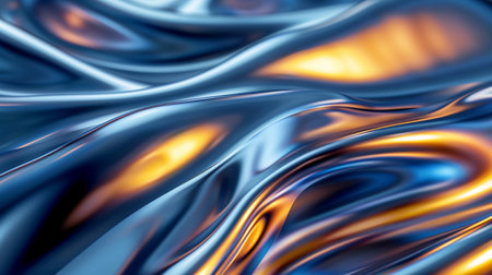 Vibrant reflections on flowing metallic surfaces showcasing a blend of blue and orange hues, creating a dynamic and captivating visual experienceの素材