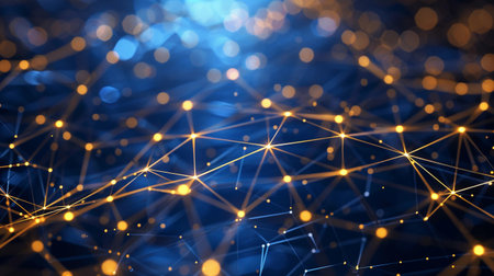 Digital network connections glowing in blue and gold tones with sparkling lights creating a vibrant visual effectの素材