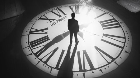 Silhouette of a man standing on a giant clock face in a dramatic black and white setting, emphasizing the theme of time and reflectionの素材