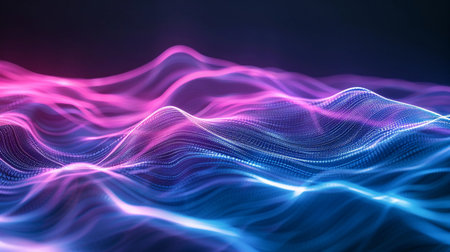 Colorful waves of light glowing in pink and blue create a mesmerizing visual effect against a dark background, evoking a sense of movement and depth in an abstract designの素材