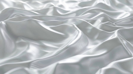 Elegant white satin fabric draped gracefully, showing its smooth texture and subtle shine in soft natural lightの素材