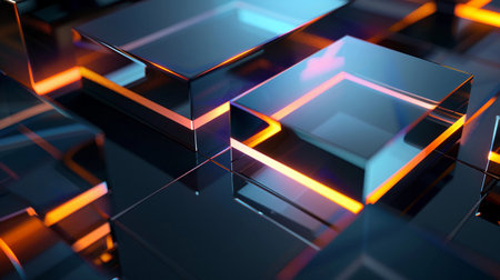 Vibrant geometric shapes illuminated with warming glowing lines in a modern abstract design at nightの素材