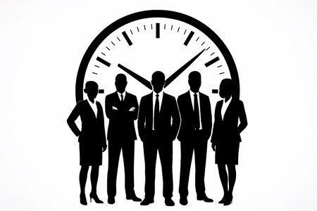 Business team standing confidently in front of a large clock, symbolizing time management and professionalism during a corporate meetingの素材