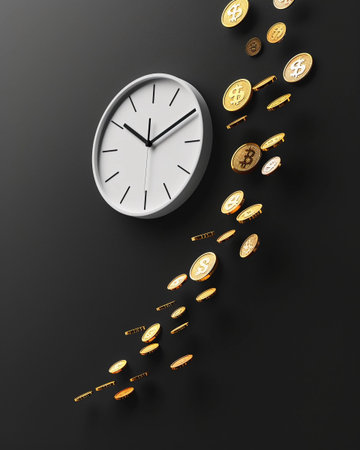 Clock shows time with falling cryptocurrency coins illustrating the value of time in investments and financial growthの素材