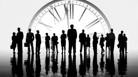 Business professionals stand in silhouette against a large clock emphasizing time management and teamwork in a corporate environmentの素材