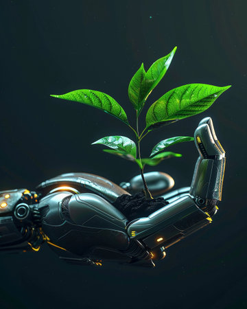Robot hand gently supports a small green plant with healthy, vibrant leaves against a dark background, highlighting the connection between technology and natureの素材