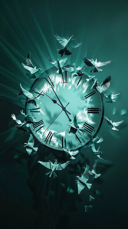 Clock with flying birds creates a mesmerizing illusion of time and freedom in a surreal atmosphereの素材