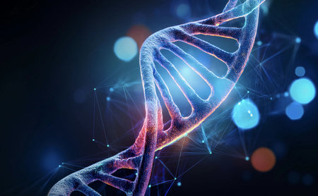 Exploring the structure of DNA with vibrant colors illuminating the double helix in a scientific background at nightの素材