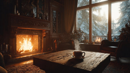 Cozy indoor scene with a crackling fireplace and steaming coffee during a snowy winter afternoonの素材
