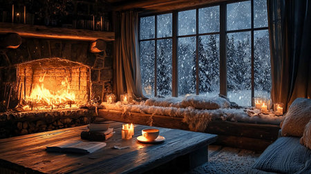 Cozy winter cabin scene with a warm fireplace, soft lighting, and snow falling outside the window at duskの素材