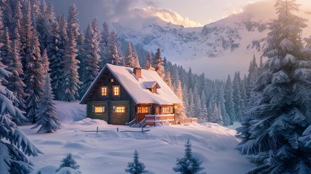 Winter cabin surrounded by snow-covered trees in a tranquil mountain setting at sunsetの素材