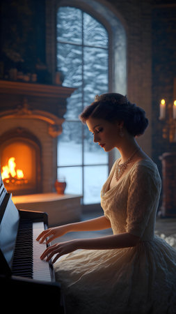 Woman in elegant dress playing piano near cozy fireplace in a snowy setting during eveningの素材
