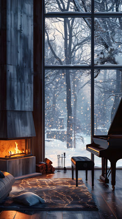 Cozy winter scene featuring a grand piano, warm fire, and snowy landscape visible through large windows in a rustic cabin settingの素材