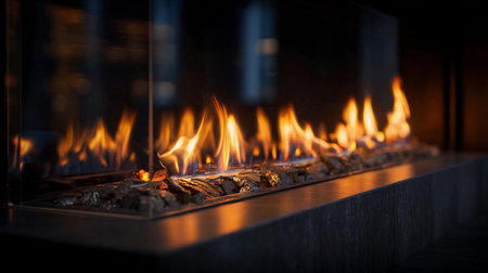 Fireplace with dancing flames creates a warm ambiance in a modern living space during evening hoursの素材