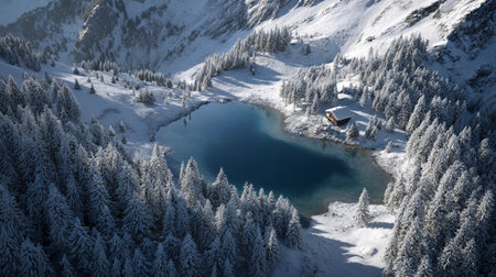 Snow covers trees and mountains surrounding a lake with a cabin in the winter landscape of a remote area at midday in the Alpsの素材