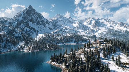 Snowy mountain landscape with trees and a lake during daytime, showing a cabin near water and towering peaks in the backgroundの素材