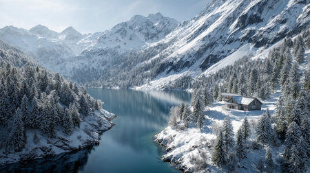 Snowy mountains surround a calm lake with a cabin beside the water, reflecting the winter landscape in clear skies during middayの素材