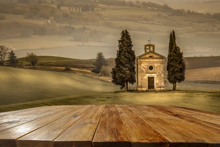 Mood fall photo of Tuscany landscape. Empty space background for you products and decoration.の写真素材