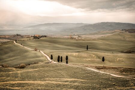Mood fall photo of Tuscany landscape. Empty space background for you products and decoration.の写真素材