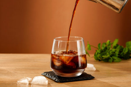 cola in a glass with ice and mint on a brown background