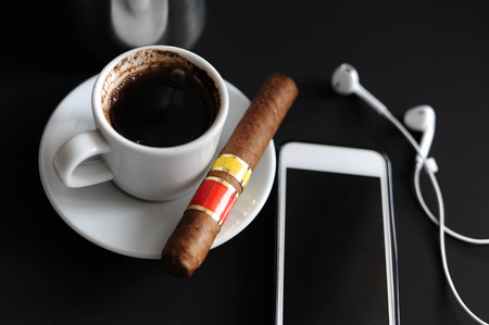 cigar headphones for coffee, coffee for coffee in coffee beans, mug of white coffee, black...