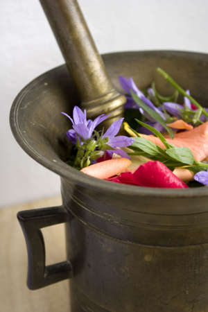 Brass mortar with muller for food preparationの写真素材