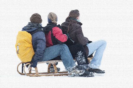 Three young women sledging - stylized isolationの写真素材