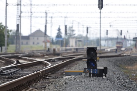 Railroad track with trains - freight carsの写真素材