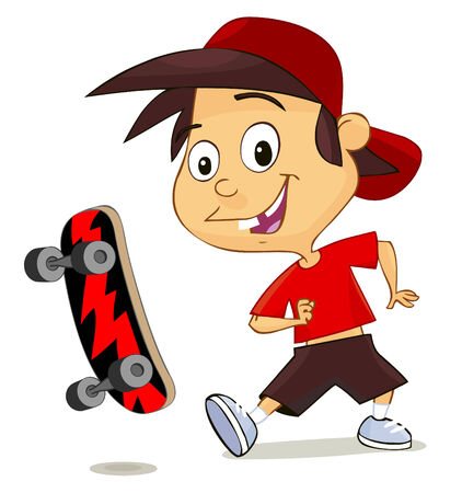 cute cheerful boy playing with his skate isolated on white のイラスト素材