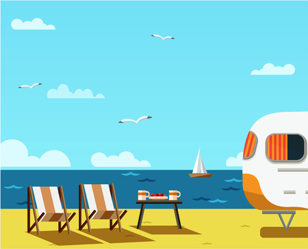 Retro caravan on the beach, summer vacation, vector illustration,retro backgroundのイラスト素材
