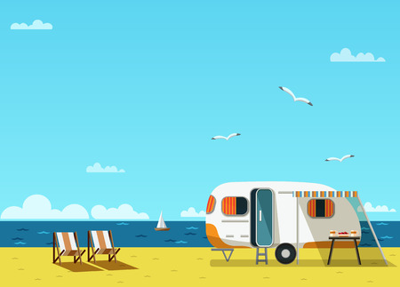 Retro caravan on the beach, summer vacation, vector illustration,retro backgroundのイラスト素材