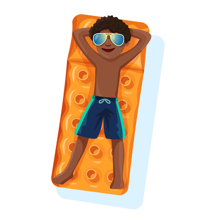 Cheerful cute teen boy on a yellow mattress float in a summer pool,isolated on white,vector illustrationのイラスト素材