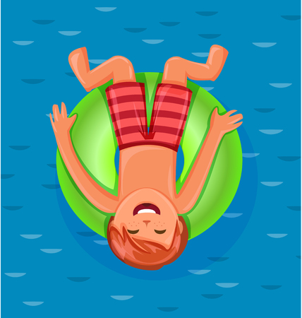 Boy resting on floating green rubber ring on swimming pool water. Summer rest. Sea vacation.のイラスト素材