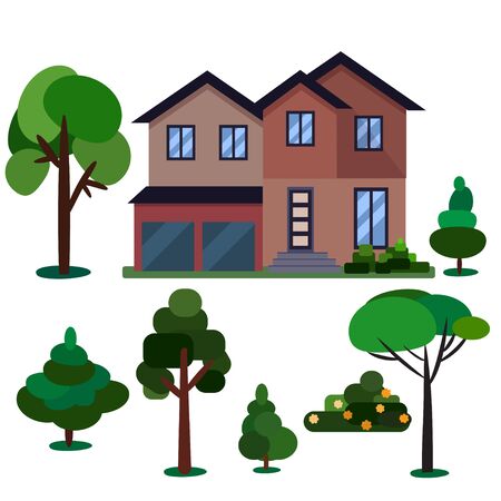 Modern, classic and simple house isolated on white background landscaped with plantsのイラスト素材