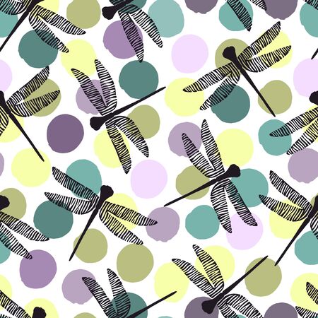 Seamless pattern with dragonflies on a polka dot background.のイラスト素材