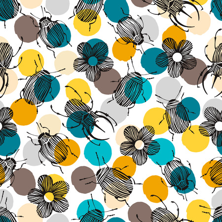 Seamless pattern with beetles and flowers on a polka dot background.のイラスト素材
