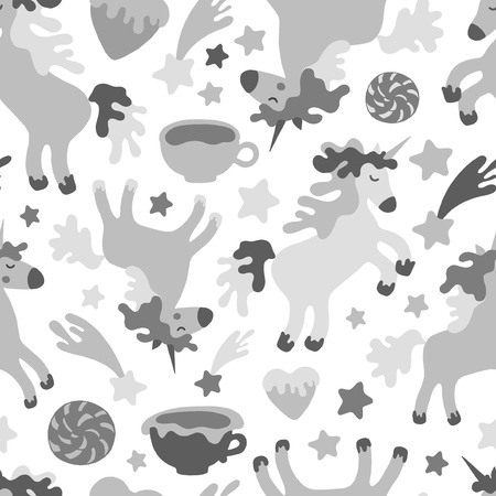 Seamless pattern with unicorns, stars, hearts and coffee cups.のイラスト素材