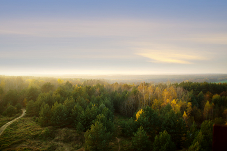 Autumn panorama. Forest and clouds on the sky, horizon in fog.の写真素材